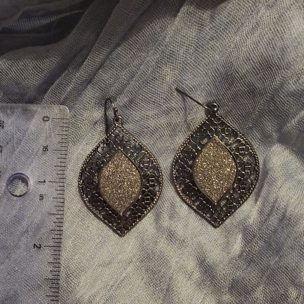 Shiny Charcoal Gray Embellished Dangle Earrings w/Sparkling Center